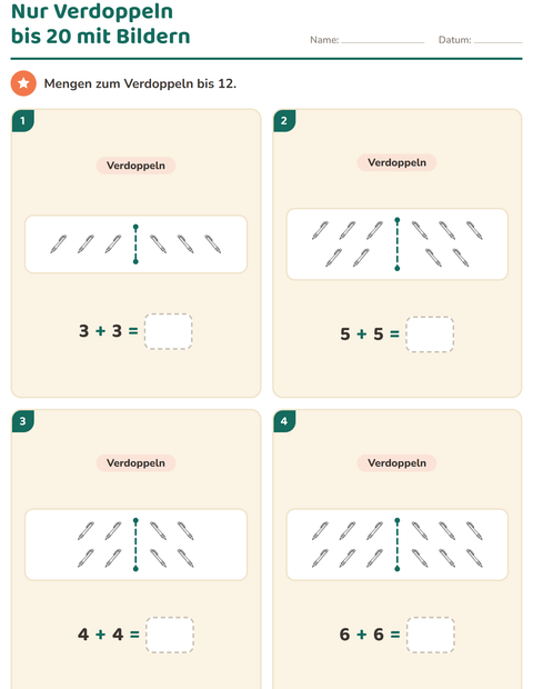 Vorschau: Verdoppeln und Halbieren-Arbeitsblatt mit Bildung SW für 1. Klasse