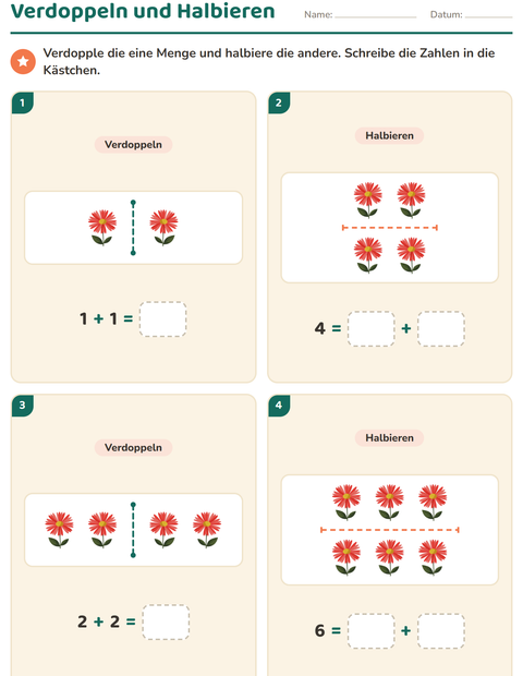 Vorschau: Verdoppeln und Halbieren-Arbeitsblatt mit Blumen für 1. Klasse
