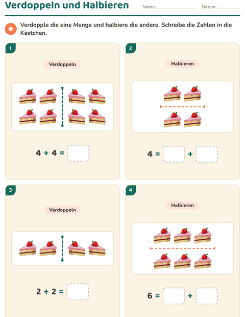 Vorschau: Verdoppeln und Halbieren-Arbeitsblatt mit Desserts und Süßigkeiten für 1. Klasse