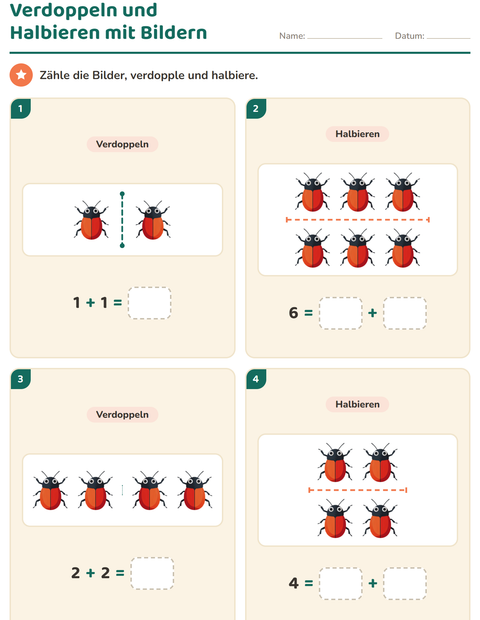 Vorschau: Verdoppeln und Halbieren-Arbeitsblatt mit Dinge die fliegen für 1. Klasse