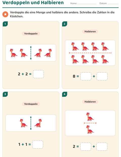 Vorschau: Verdoppeln und Halbieren-Arbeitsblatt mit Dinosaurier für 1. Klasse