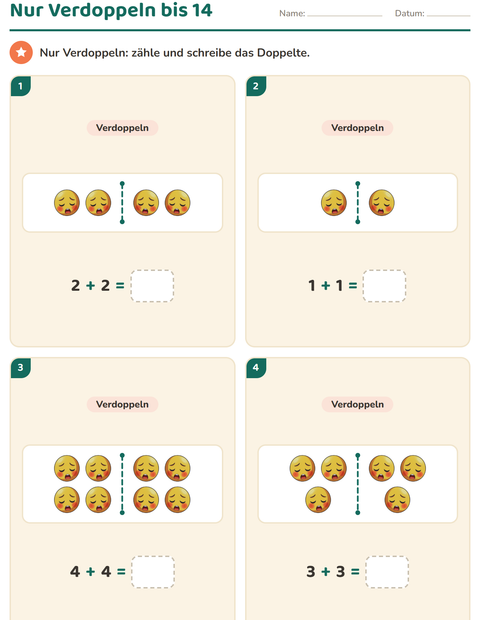 Vorschau: Verdoppeln und Halbieren-Arbeitsblatt mit Emotionen für 1. Klasse