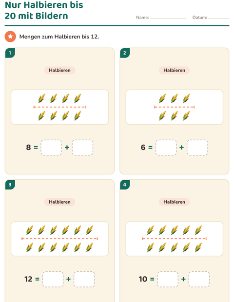 Vorschau: Verdoppeln und Halbieren-Arbeitsblatt mit Erntedankfest für 1. Klasse