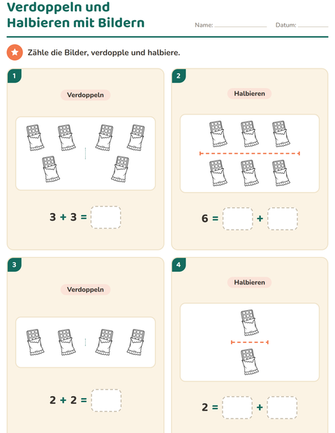 Vorschau: Verdoppeln und Halbieren-Arbeitsblatt mit Essen SW für 1. Klasse