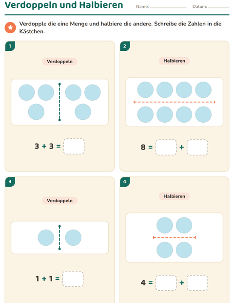 Vorschau: Verdoppeln und Halbieren-Arbeitsblatt mit Formen für 1. Klasse
