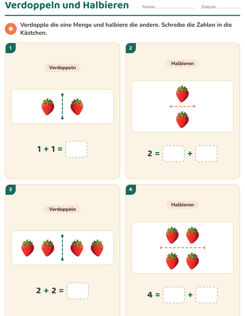Vorschau: Verdoppeln und Halbieren-Arbeitsblatt mit Früchte für 1. Klasse