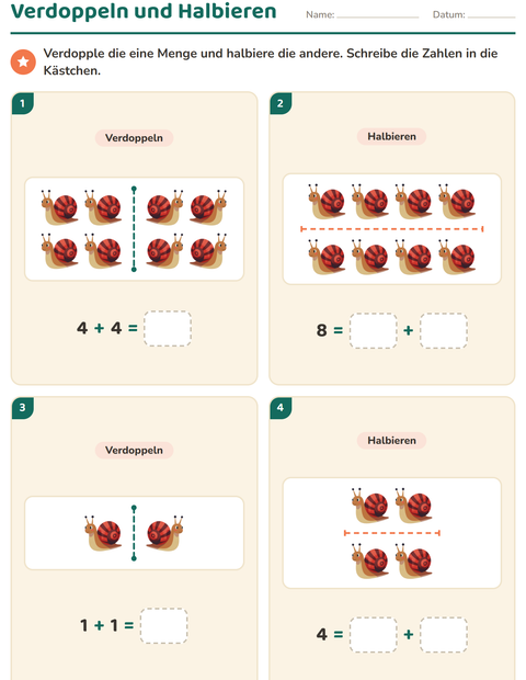 Vorschau: Verdoppeln und Halbieren-Arbeitsblatt mit Frühling für 1. Klasse