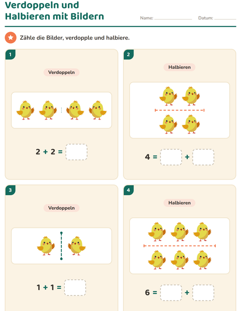 Vorschau: Verdoppeln und Halbieren-Arbeitsblatt mit Frühling für 1. Klasse
