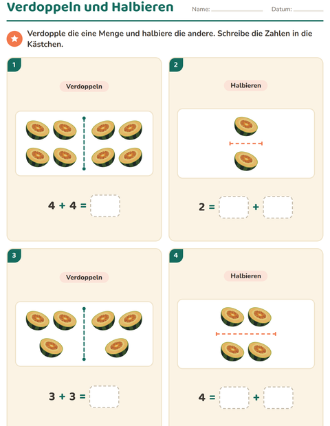 Vorschau: Verdoppeln und Halbieren-Arbeitsblatt mit Frühstück für 1. Klasse