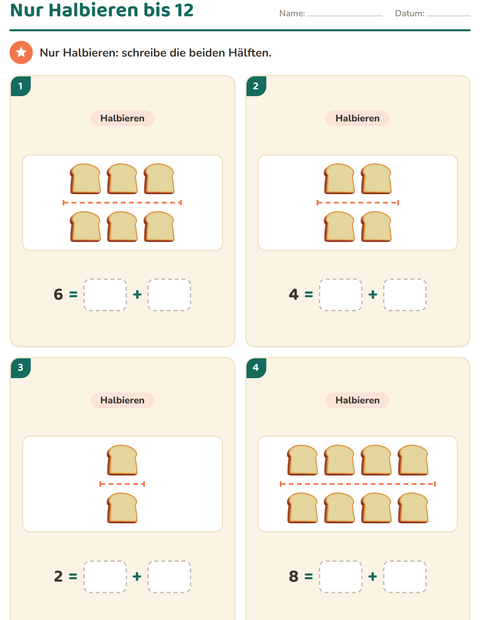 Vorschau: Verdoppeln und Halbieren-Arbeitsblatt mit Frühstück für 1. Klasse