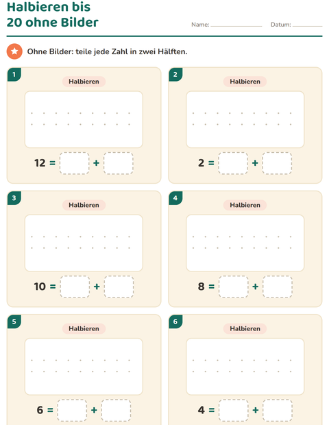 Vorschau: Verdoppeln und Halbieren-Arbeitsblatt für 1. Klasse