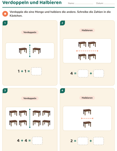 Vorschau: Verdoppeln und Halbieren-Arbeitsblatt mit Klassenzimmer für 1. Klasse