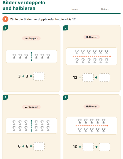 Vorschau: Verdoppeln und Halbieren-Arbeitsblatt mit Klassenzimmer (S/W) für 1. Klasse