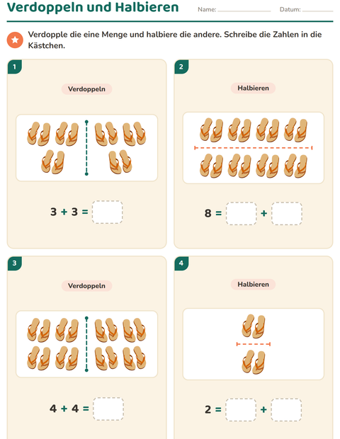 Vorschau: Verdoppeln und Halbieren-Arbeitsblatt mit Kleidung für 1. Klasse
