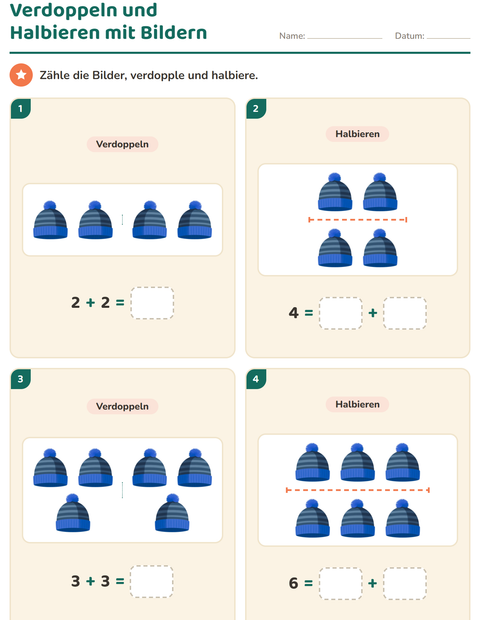 Vorschau: Verdoppeln und Halbieren-Arbeitsblatt mit Kleidung für 1. Klasse