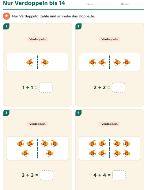 Vorschau: Verdoppeln und Halbieren-Arbeitsblatt mit Meeresleben für 1. Klasse