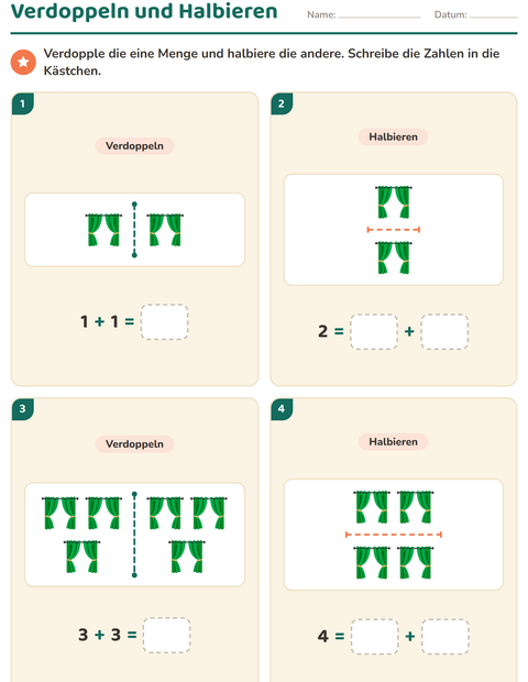 Vorschau: Verdoppeln und Halbieren-Arbeitsblatt mit Möbel für 1. Klasse