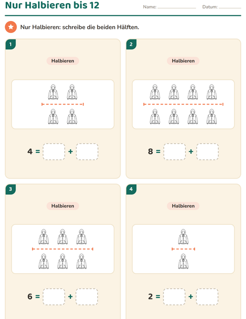 Vorschau: Verdoppeln und Halbieren-Arbeitsblatt mit Objekte SW für 1. Klasse