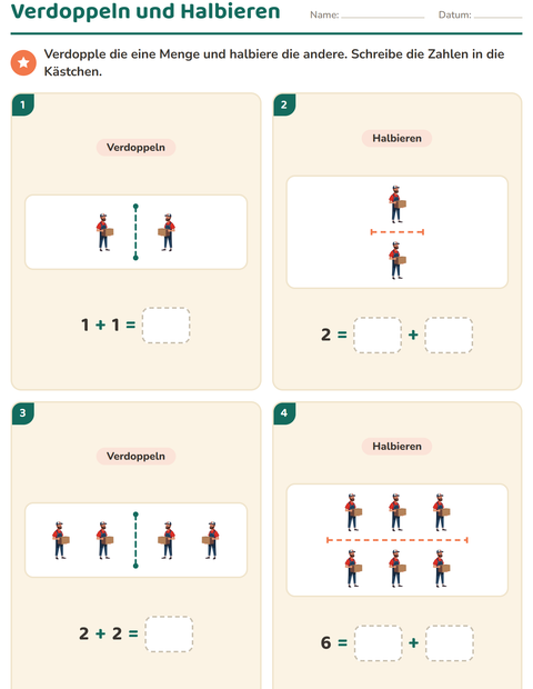 Vorschau: Verdoppeln und Halbieren-Arbeitsblatt mit Postamt für 1. Klasse