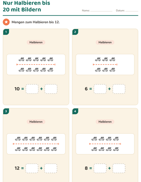 Vorschau: Verdoppeln und Halbieren-Arbeitsblatt mit Reisen und Urlaub SW für 1. Klasse
