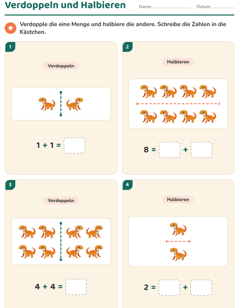 Vorschau: Verdoppeln und Halbieren-Arbeitsblatt mit Reptilien und Amphibien für 1. Klasse