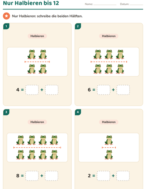 Vorschau: Verdoppeln und Halbieren-Arbeitsblatt mit Reptilien und Amphibien für 1. Klasse