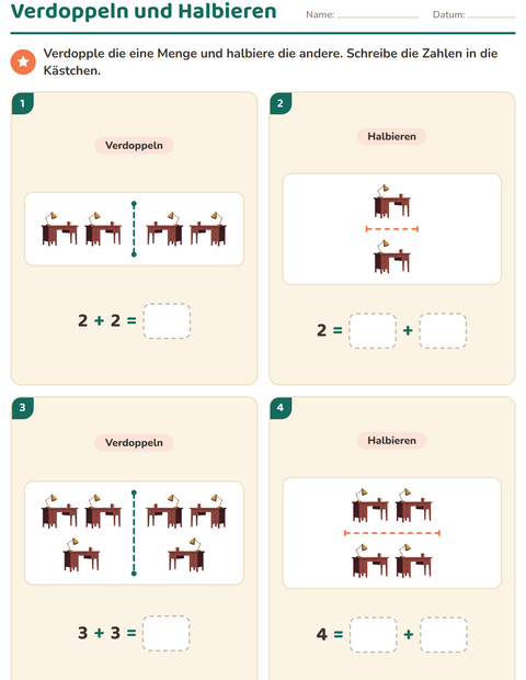 Vorschau: Verdoppeln und Halbieren-Arbeitsblatt mit Rund ums Haus für 1. Klasse