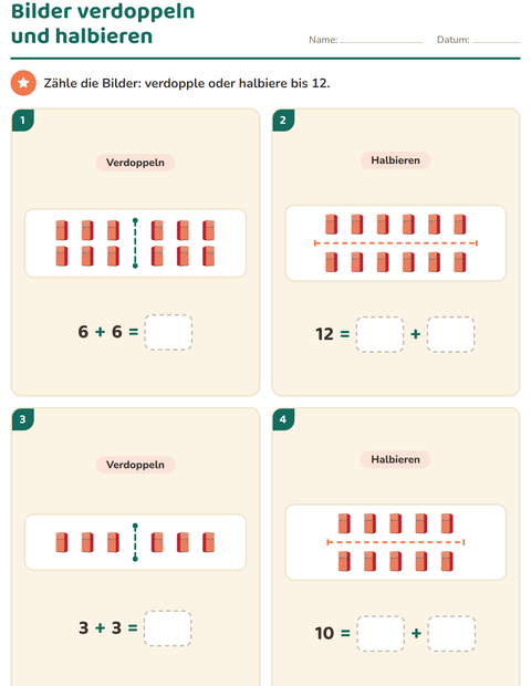 Vorschau: Verdoppeln und Halbieren-Arbeitsblatt mit Rund ums Haus für 1. Klasse