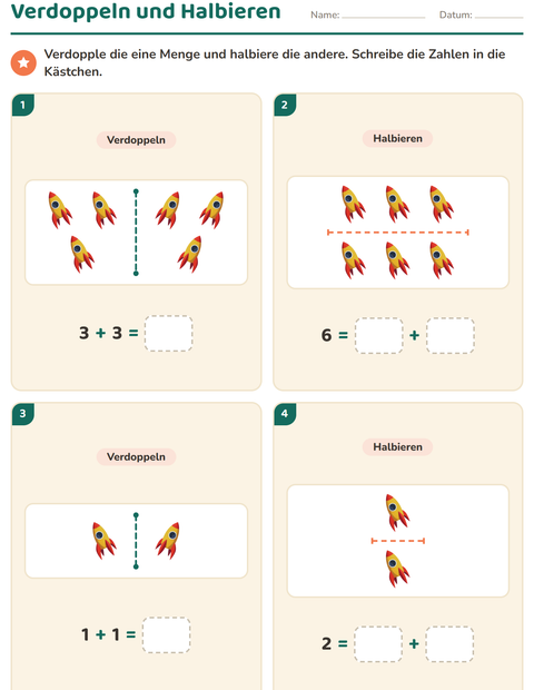 Vorschau: Verdoppeln und Halbieren-Arbeitsblatt mit Spielzeug für 1. Klasse