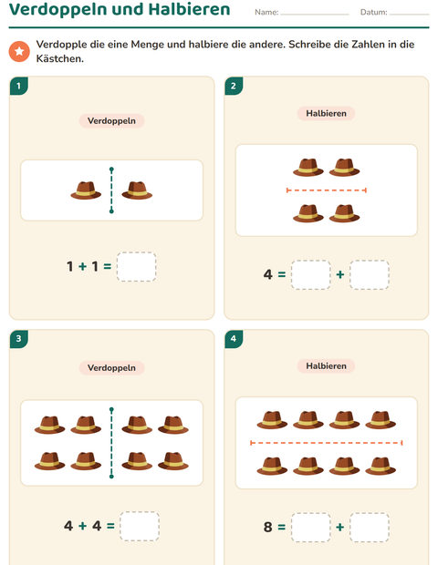 Vorschau: Verdoppeln und Halbieren-Arbeitsblatt mit Strand für 1. Klasse