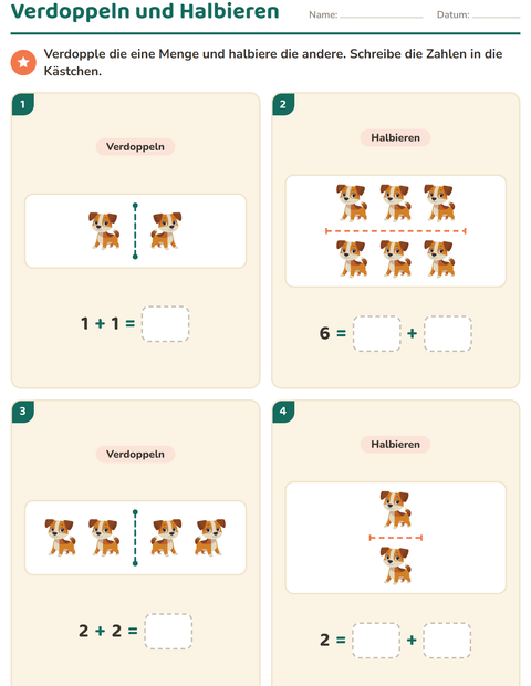 Vorschau: Verdoppeln und Halbieren-Arbeitsblatt mit Tiere für 1. Klasse