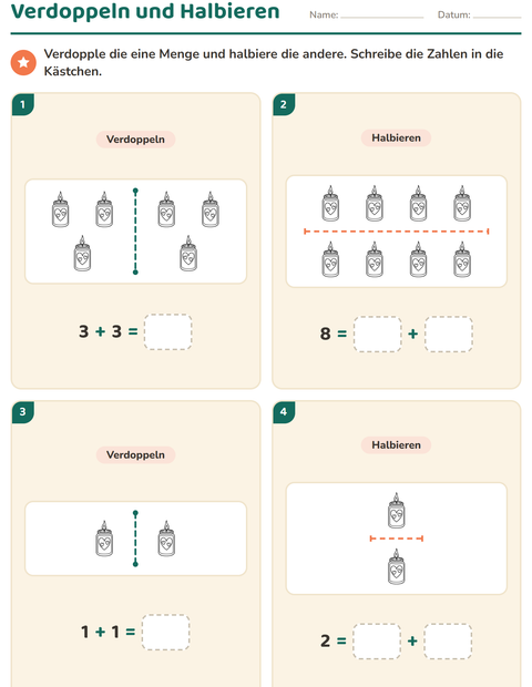 Vorschau: Verdoppeln und Halbieren-Arbeitsblatt mit Valentinstag SW für 1. Klasse