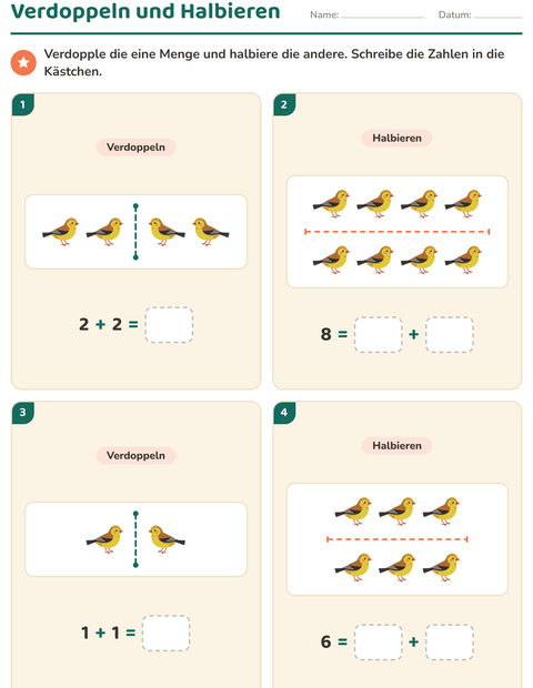 Vorschau: Verdoppeln und Halbieren-Arbeitsblatt mit Vögel 2 für 1. Klasse