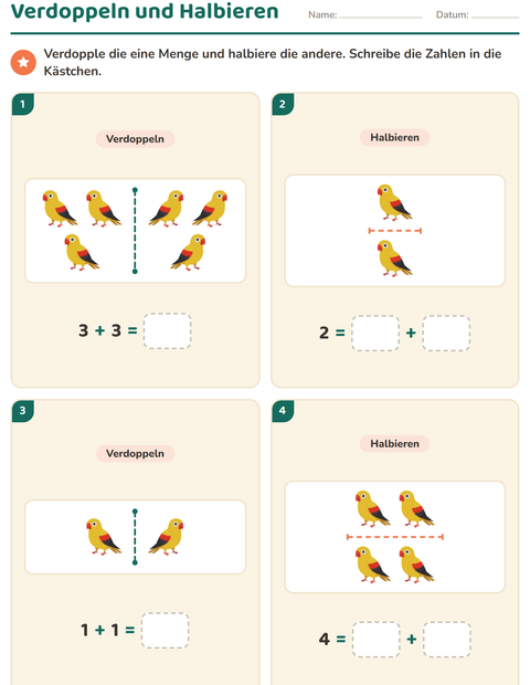 Vorschau: Verdoppeln und Halbieren-Arbeitsblatt mit Vögel für 1. Klasse
