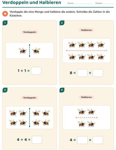Vorschau: Verdoppeln und Halbieren-Arbeitsblatt mit Waldtiere für 1. Klasse