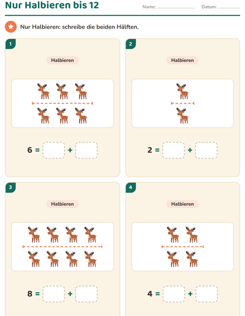 Vorschau: Verdoppeln und Halbieren-Arbeitsblatt mit Waldtiere für 1. Klasse