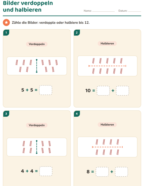 Vorschau: Verdoppeln und Halbieren-Arbeitsblatt mit Werkzeuge für 1. Klasse