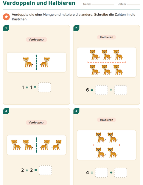 Vorschau: Verdoppeln und Halbieren-Arbeitsblatt mit Zootiere für 1. Klasse