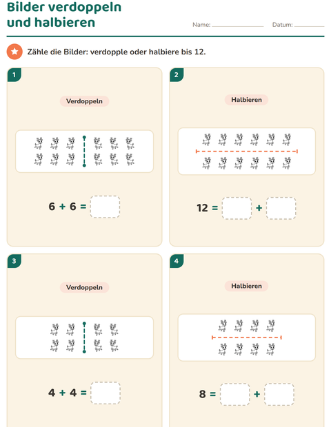 Vorschau: Verdoppeln und Halbieren-Arbeitsblatt mit Zootiere SW für 1. Klasse