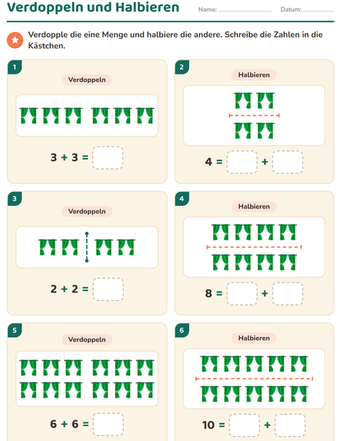 Vorschau: Verdoppeln und Halbieren-Arbeitsblatt mit Möbel für 1. Klasse