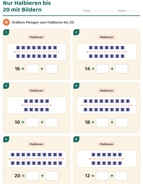 Vorschau: Verdoppeln und Halbieren-Arbeitsblatt mit Musik für 1. Klasse