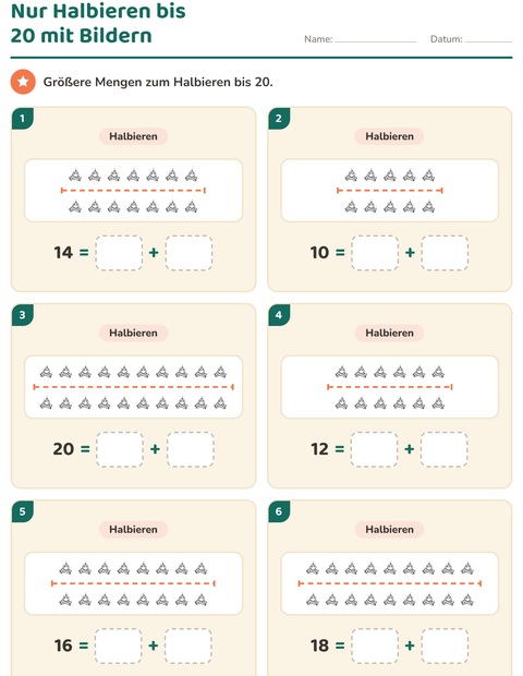 Vorschau: Verdoppeln und Halbieren-Arbeitsblatt mit Natur SW für 1. Klasse