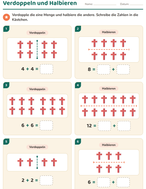 Vorschau: Verdoppeln und Halbieren-Arbeitsblatt mit Ostern für 1. Klasse