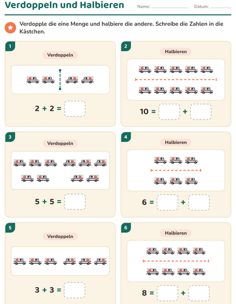 Vorschau: Verdoppeln und Halbieren-Arbeitsblatt mit Postamt für 1. Klasse