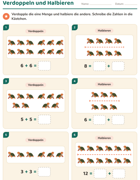 Vorschau: Verdoppeln und Halbieren-Arbeitsblatt mit Reptilien und Amphibien für 1. Klasse