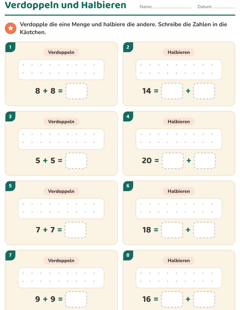 Vorschau: Verdoppeln und Halbieren-Arbeitsblatt mit Accessoires für 1. Klasse