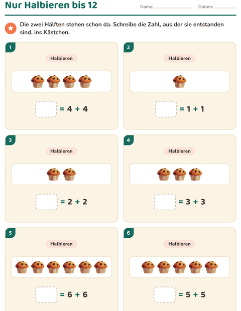 Vorschau: Verdoppeln und Halbieren-Arbeitsblatt mit Bäckerei für 1. Klasse