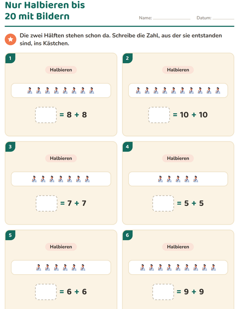 Vorschau: Verdoppeln und Halbieren-Arbeitsblatt mit Berufe für 1. Klasse