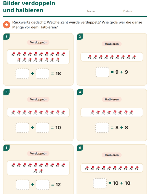 Vorschau: Verdoppeln und Halbieren-Arbeitsblatt mit Blumen für 1. Klasse
