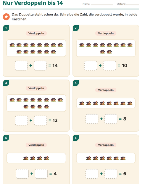Vorschau: Verdoppeln und Halbieren-Arbeitsblatt mit Camping für 1. Klasse